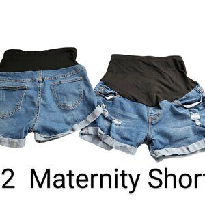Bundle x2Women's Maternity Jean Shorts Elastic High Waist Cuffed Cotton Stretchy